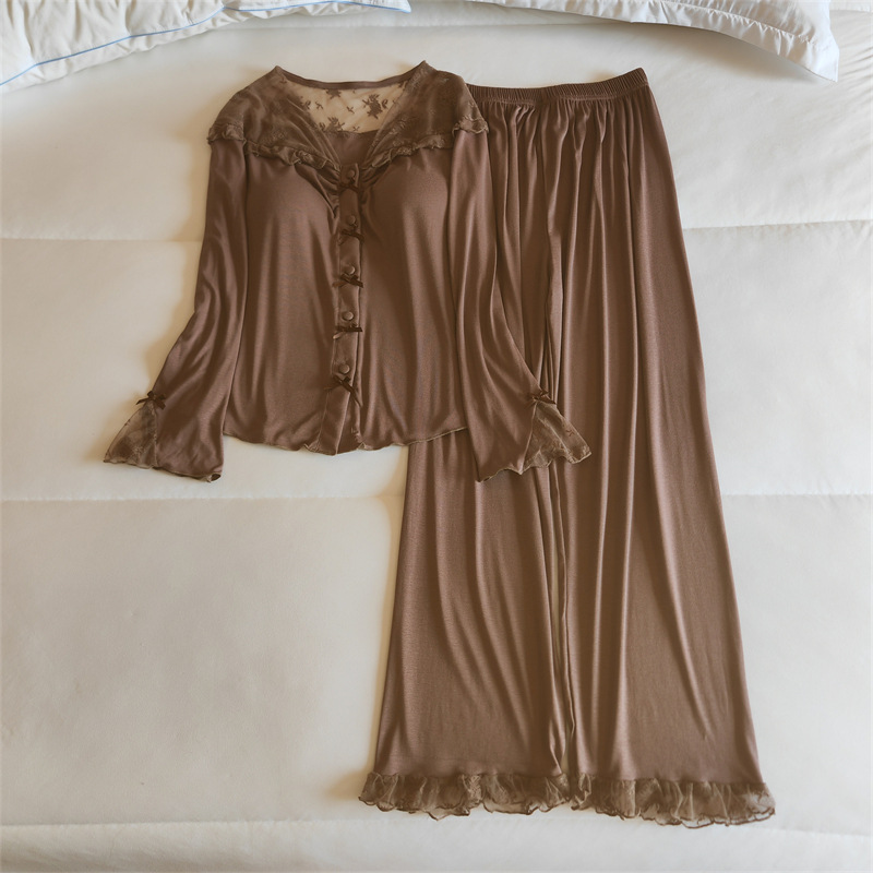 Spring/Autumn Pajamas for Women, 2025 Modal V-Neck Purely Seductive Sexy Lace Homewear Two-Piece Set, Fashionable and Suitable for Outwear