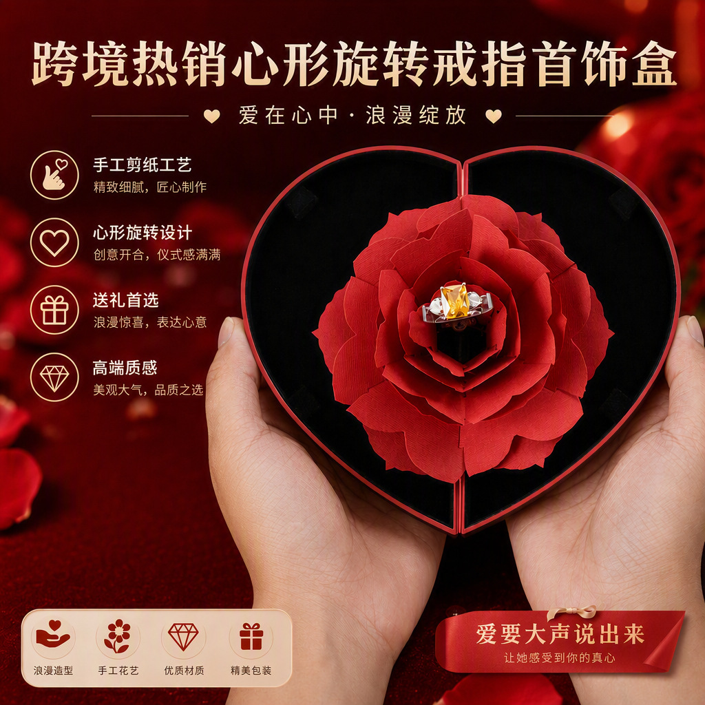 Creative Heart-Shaped Rose Proposal Ring Box, Jewelry Storage and Packaging, Rotatable Gift Display Packaging Box