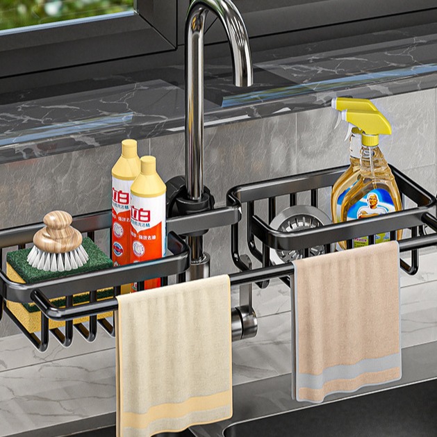 Space aluminum faucet rack, multi‑functional dishcloth and sponge draining basket for sinks and basins—perfect for towel storage.