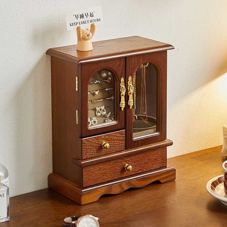 Retro-style Chinese solid wood jewelry storage box for home use, multi-layered with large capacity for storing necklaces and other jewelry