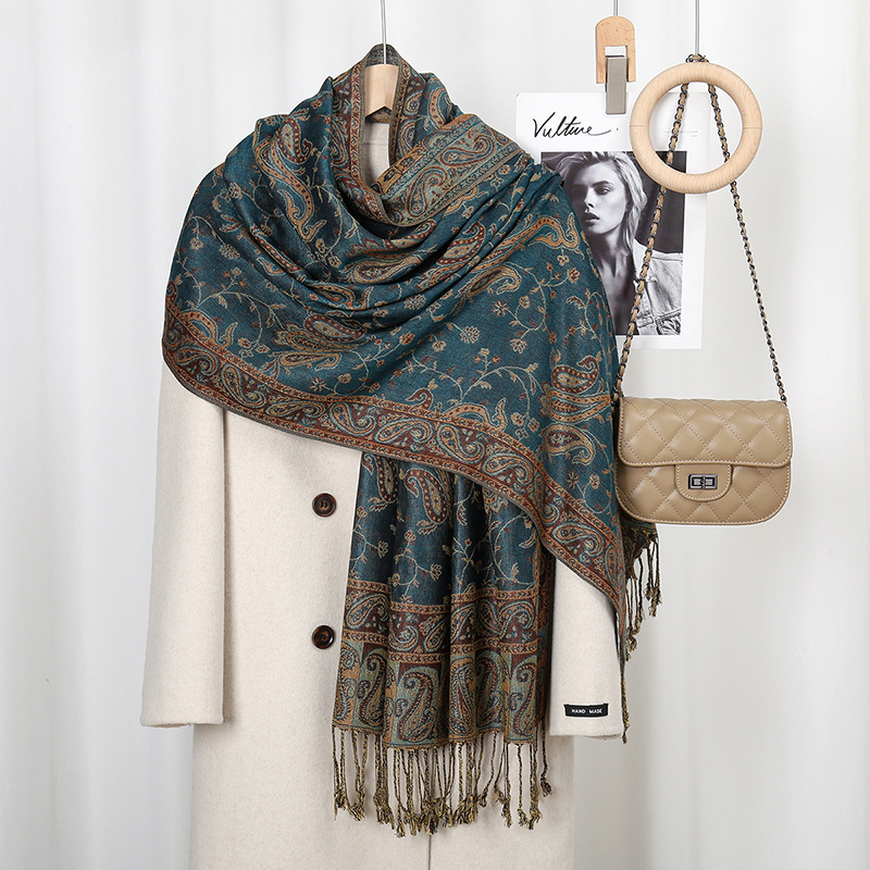 Classic Ethnic-Style Fashion Cashew-Print Fringed Long Scarf for Women—Traditional Chinese-Style Embroidered Scarf, Elegant Shawl for Outings