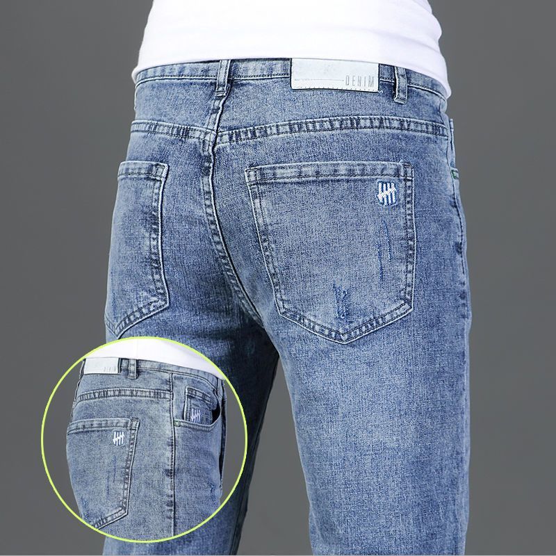 Spring/Autumn Thin Stretch Denim Jeans, Men’s Slim-Fit Straight-Leg Long Pants, Korean-Style Trendy Casual All-Match Men’s Trousers