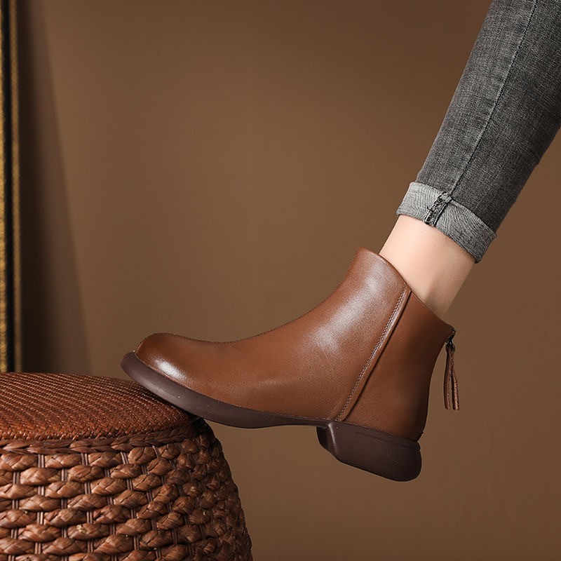 Women's short-sleeved martin boots with four-season blowout, women's leather boots with a flat-bottomed soft boot, women's leather boots