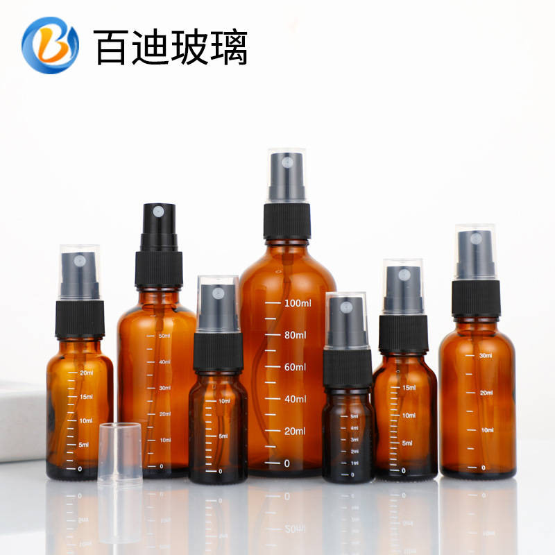 Tawny essential oil black plastic cap spray bottle, brown essential oil refill bottle with scale, travel-sized perfume sample bottle.