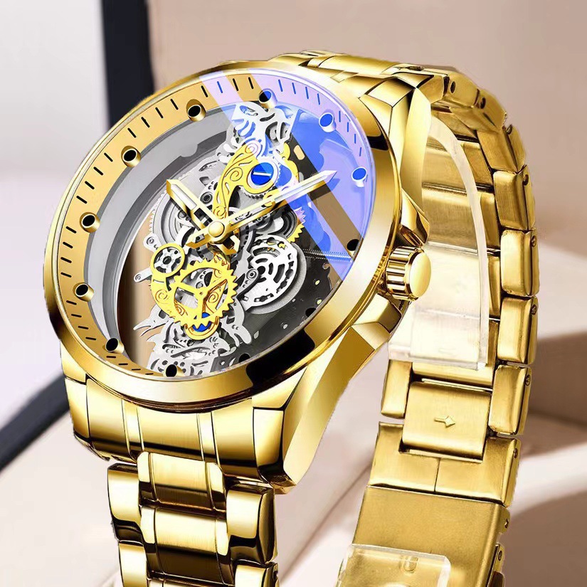 Swiss authentic new double-sided hollow men’s watch, fashionable and trendy, with calendar function and water resistance—available on AliExpress and Amazon.