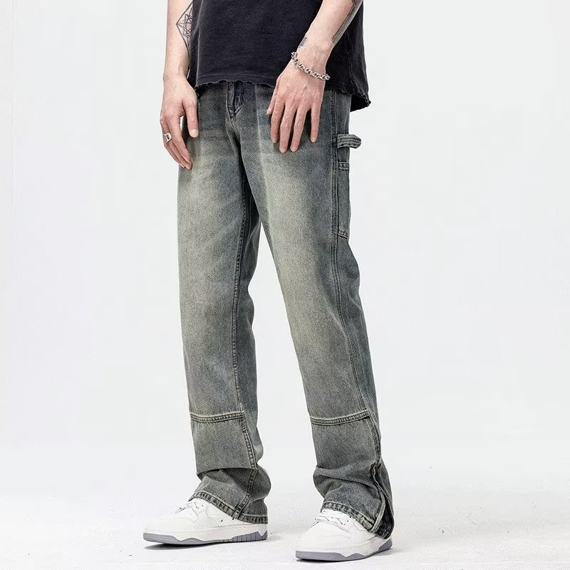 American-style vintage men’s jeans, loose straight-leg with slit and slightly flared hem, high-street trendy brand, edgy long pants, oversized fit