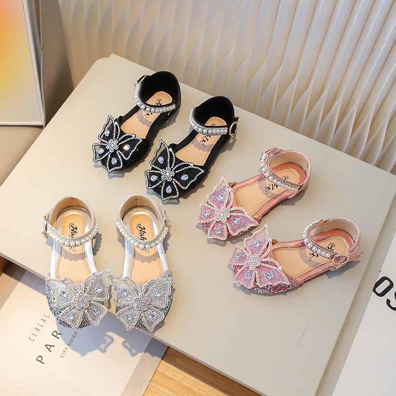 2024 Summer New Arrival Girls’ Sandals, Korean-Style Princess Shoes with Bow, Soft Sole, Sparkling Rhinestones—Perfect for Dancing