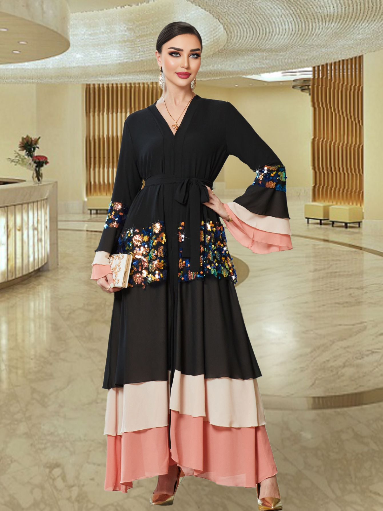 BA3164 Black Multi-Layer Cake Skirt, Holographic Sequin Flared Sleeve Tiered Skirt, Cardigan Jacket for Women