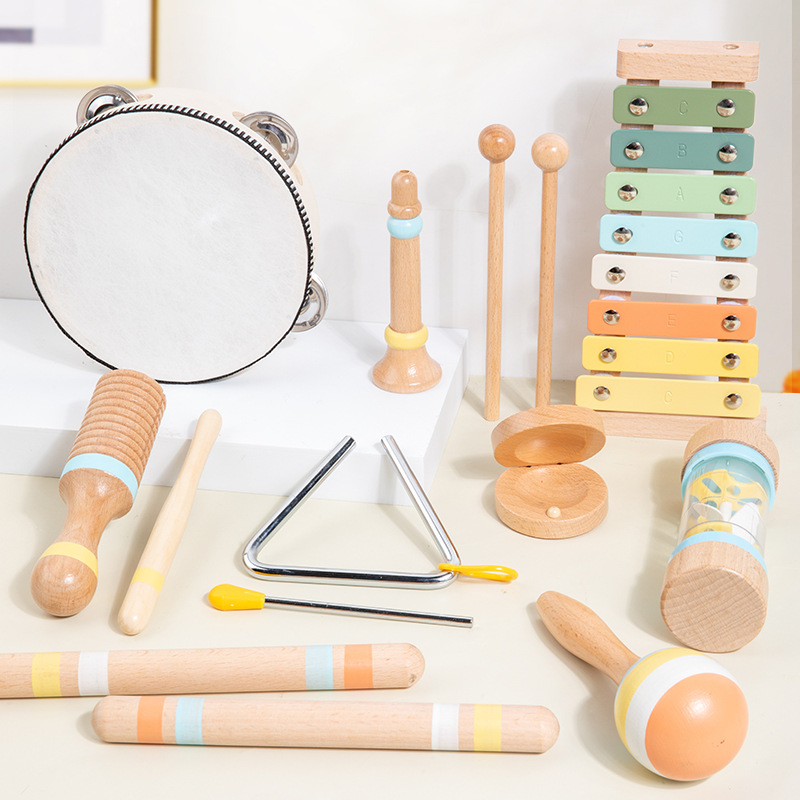 Wooden Montessori Early Education Soothing Bed Bell, Orff Instruments, Baby Hand‑Grab Bell Rattle Musical Instrument Set