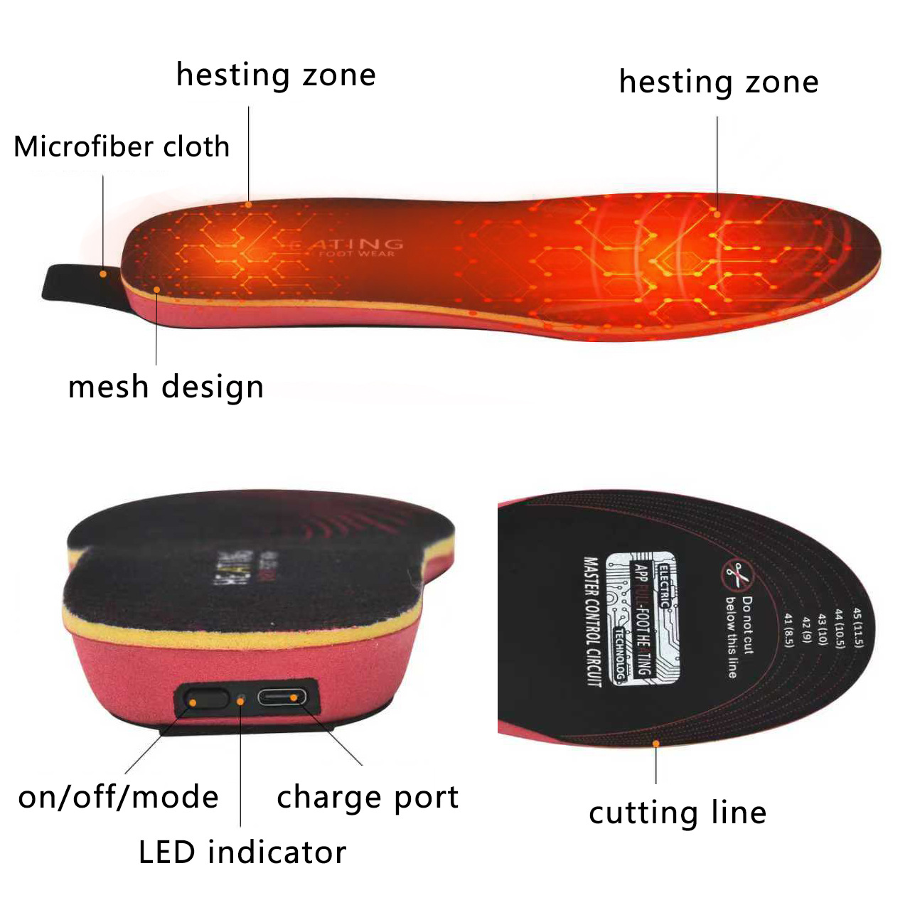 APP‑controlled temperature‑adjustable full‑length heated insoles, USB‑rechargeable, suitable for outdoor activities, smart remote‑controlled foot warmers for both men and women.