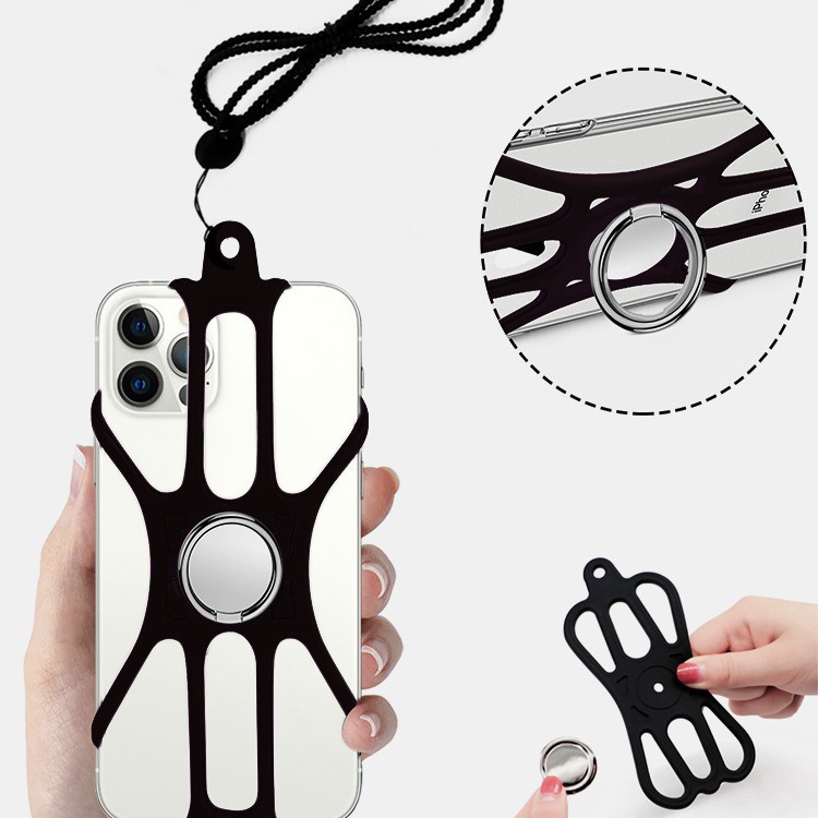All-purpose framed phone case with stretchable phone strap, alloy finger ring buckle, fingerprint proof