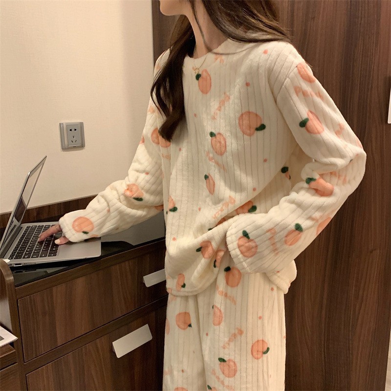 Coral embroidery pyjamas women fall and winter fashion large yard warm women's suits with thick two sets of cute home clothes