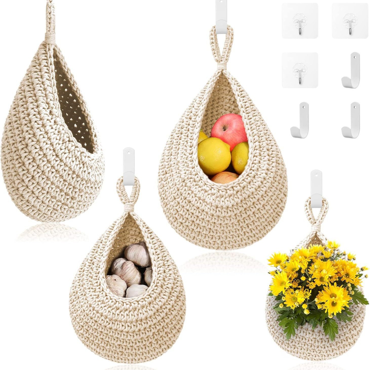 Cross-border hanging droplet mesh wall-mounted vegetable and fruit storage basket, handmade cotton rope woven bird’s nest wall storage net