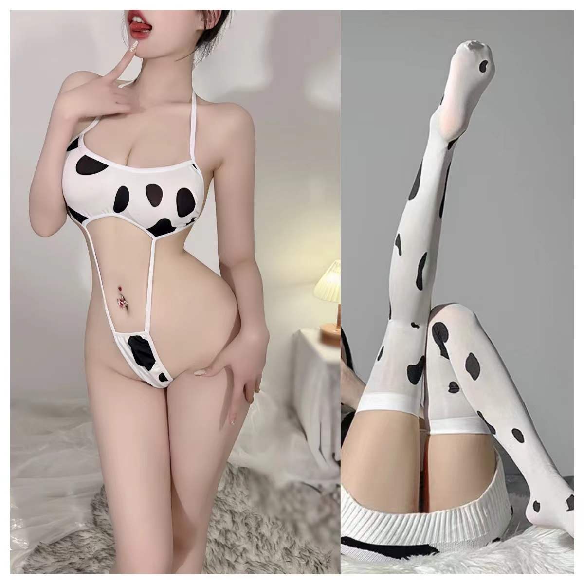 Sexy lingerie: anime-style cow-patterned lace-up bodysuit, passionate easy-to-remove cute seductive uniform for role-play.