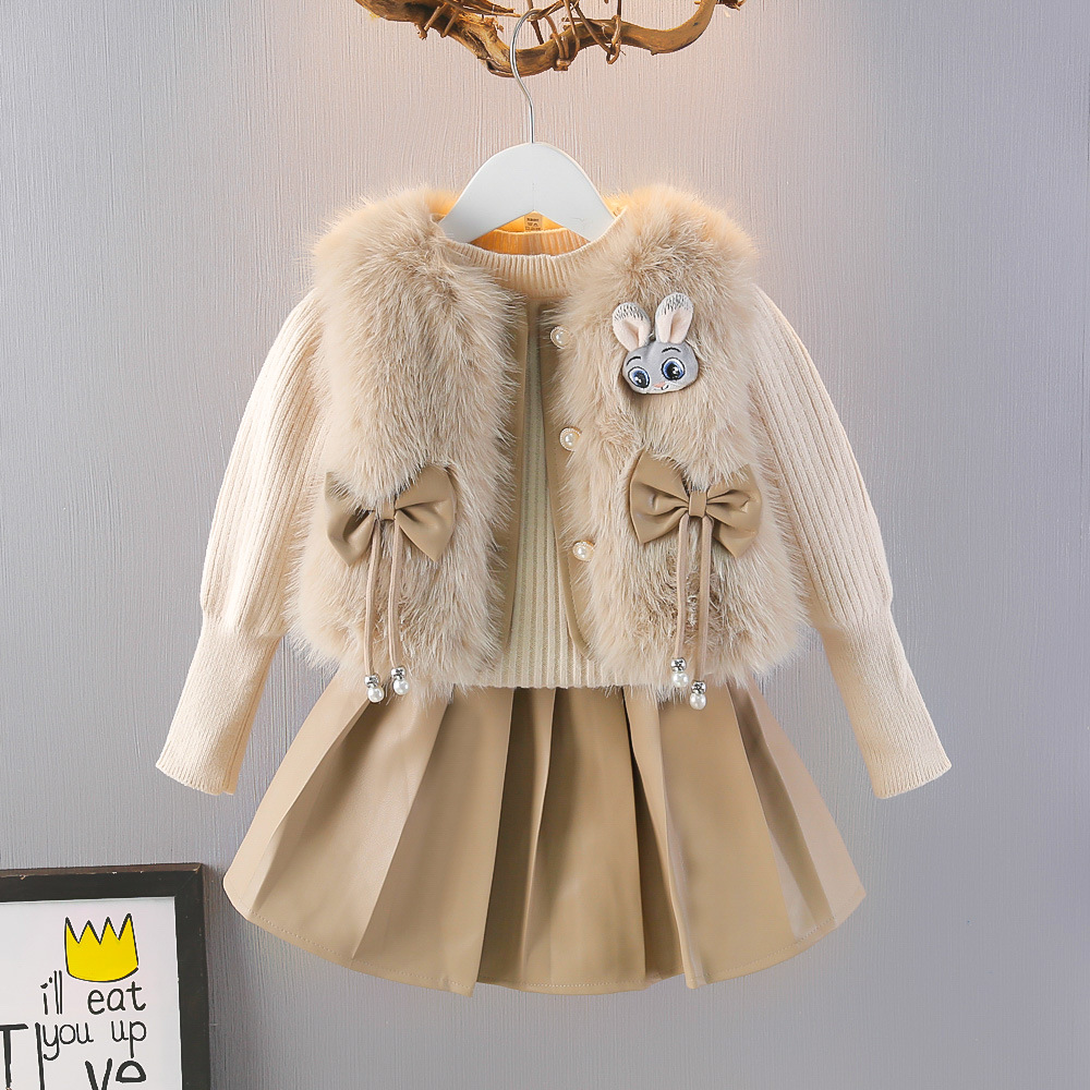 Wholesale Children’s Clothing: Girls’ Autumn/Winter Plush Vest Three-Piece Set, New-Style Kids’ Sweater, Winter Warm-Keeping Outfit