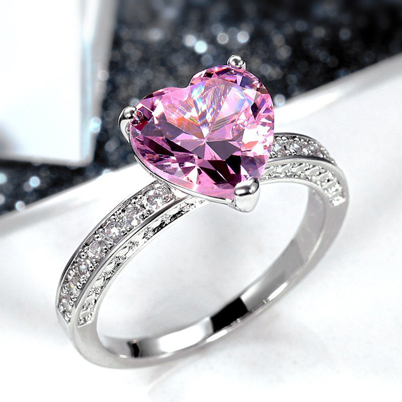 Light Luxury Fashion Heart-Shaped Pink Diamond Zircon Ring for Women — Engagement Jewelry, Cross-Border European and American New Arrival Wedding Ring
