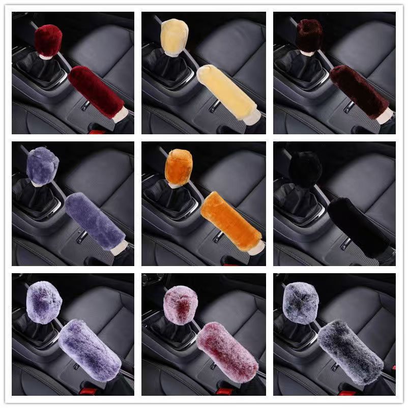 Winter plush car gear shift cover, gear lever cover, beige handbrake cover, and gear knob cover—suitable for both automatic and manual transmissions.