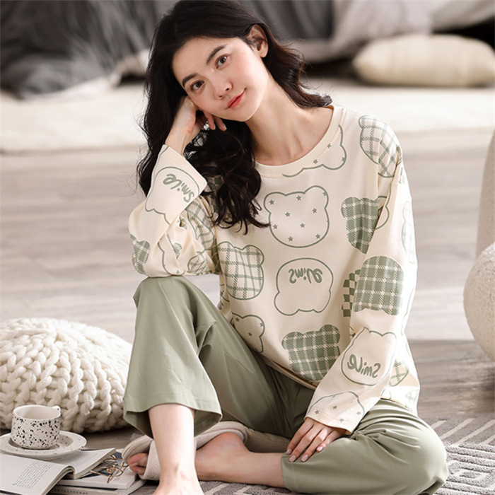 Women’s Spring/Autumn Printed Long-Sleeve and Trousers Casual Pullover Homewear Set, Suitable for Outing, Sizes M–4XL
