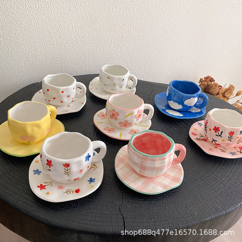 Underglaze hand-painted cup and saucer, breakfast milk cup, blue sky and white clouds ceramic water cup, coffee cup set, household cups