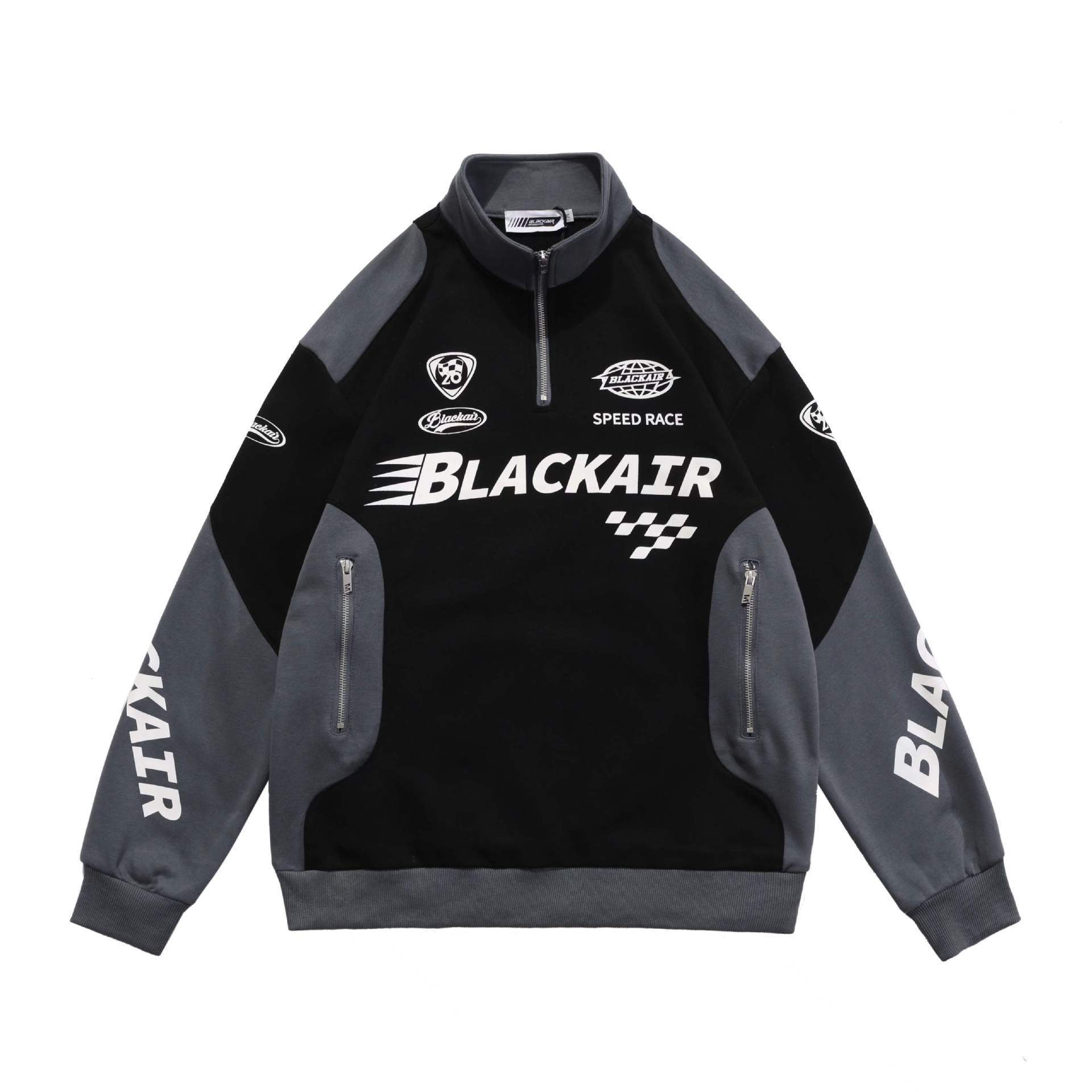 Cross-border American-style retro half-zip color-block racing jacket sweatshirt for men and women, spring/autumn couple’s trendy high-street biker outerwear