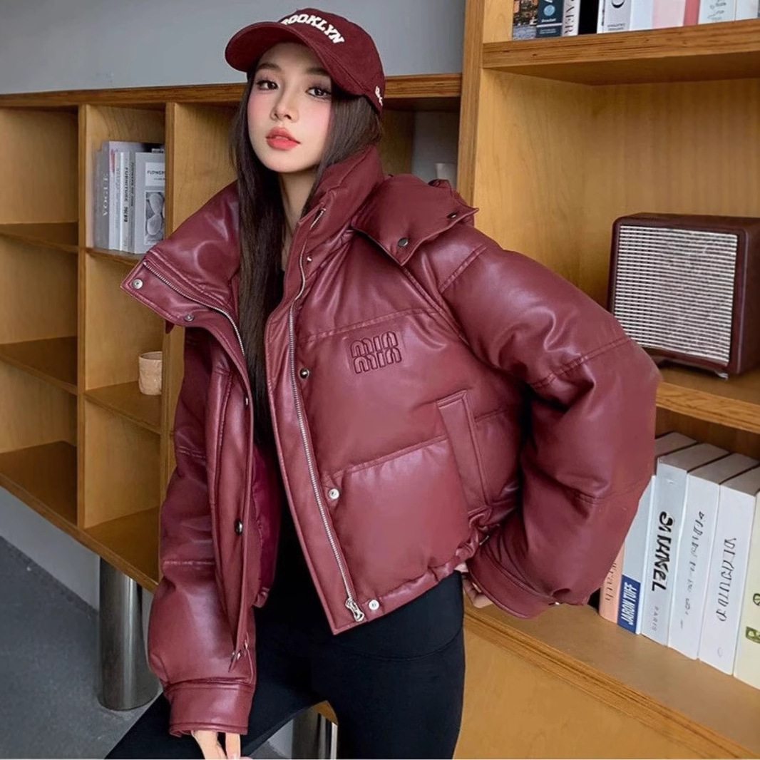 Ankela Red PU Down Cotton-Padded Coat for Women, 2024 New Arrival, Short Winter Style with Hood, Thickened Leather Jacket–Like Padded Coat