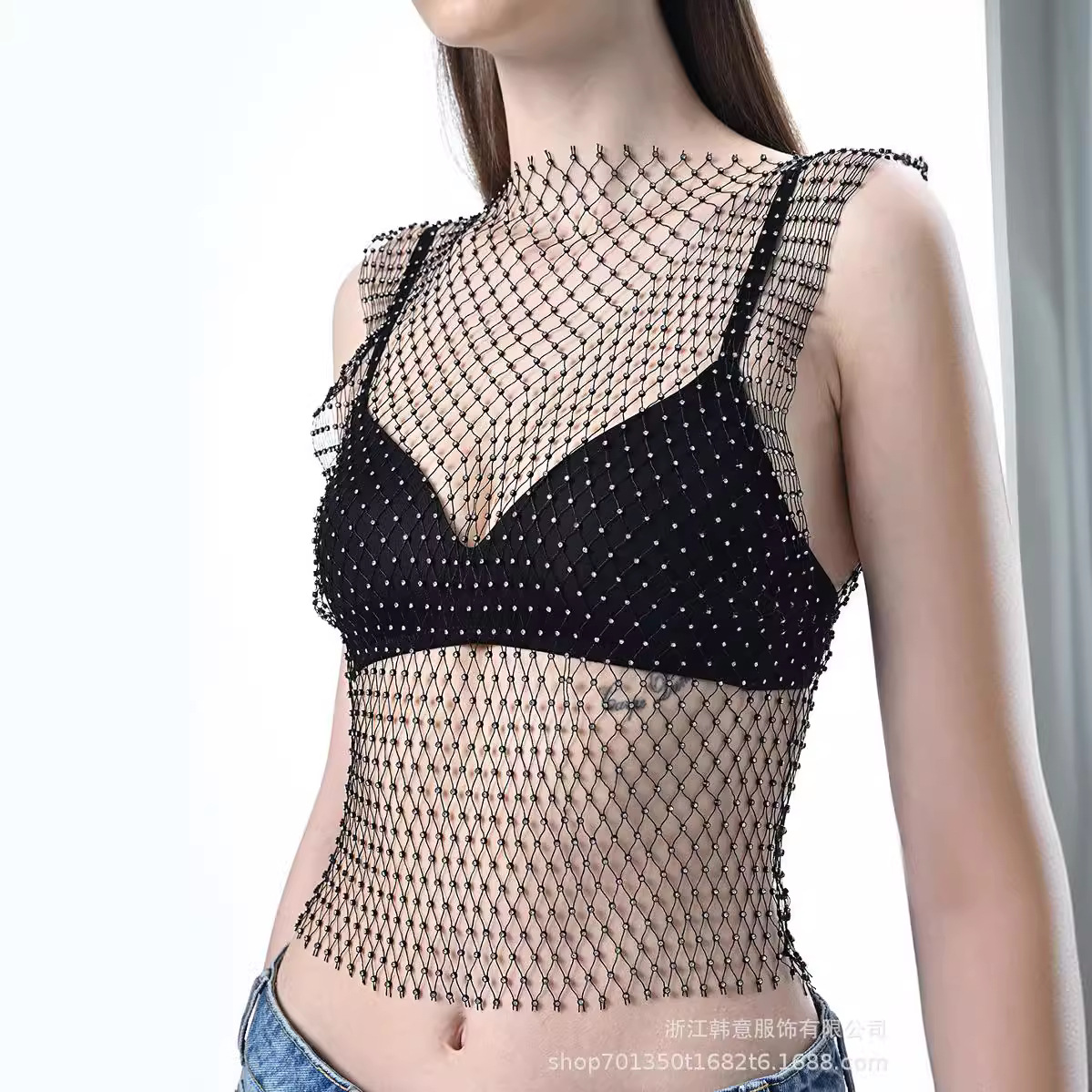 Euro-American summer party women's beachwear fishing net sweatshirt glittering diamond sensuality bodybuilding water diamond fashion nightclub sister outfit