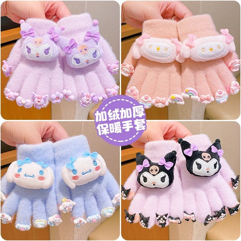 Winter children's fur gloves cartoon cute three-dimensional dolls with thick rubber and rubber weatherproof finger gloves