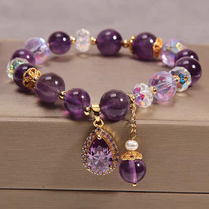New Internet-Famous Ancient-Style Natural Amethyst Five-Leaf Flower Pendant Bracelet, Mori‑Style Water‑Drop Bead Bracelet, Qixi Festival Gift for Best Friends