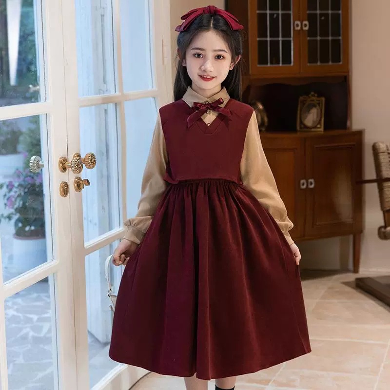 Middle and high school girls spring and autumn new styles fashion academy wind polo collar holidays two dresses casual fall dress pants