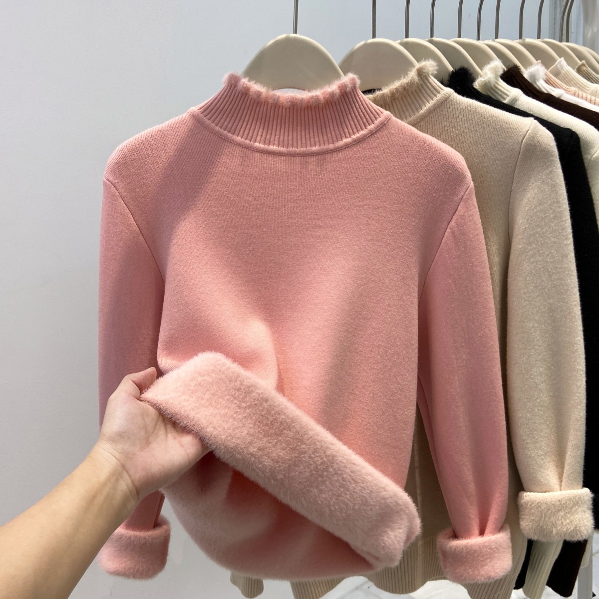 Tender pink semi-high neck sweater, women’s winter chic ribbed edge all-in-one velvet thickened knitted top, innerwear base layer shirt