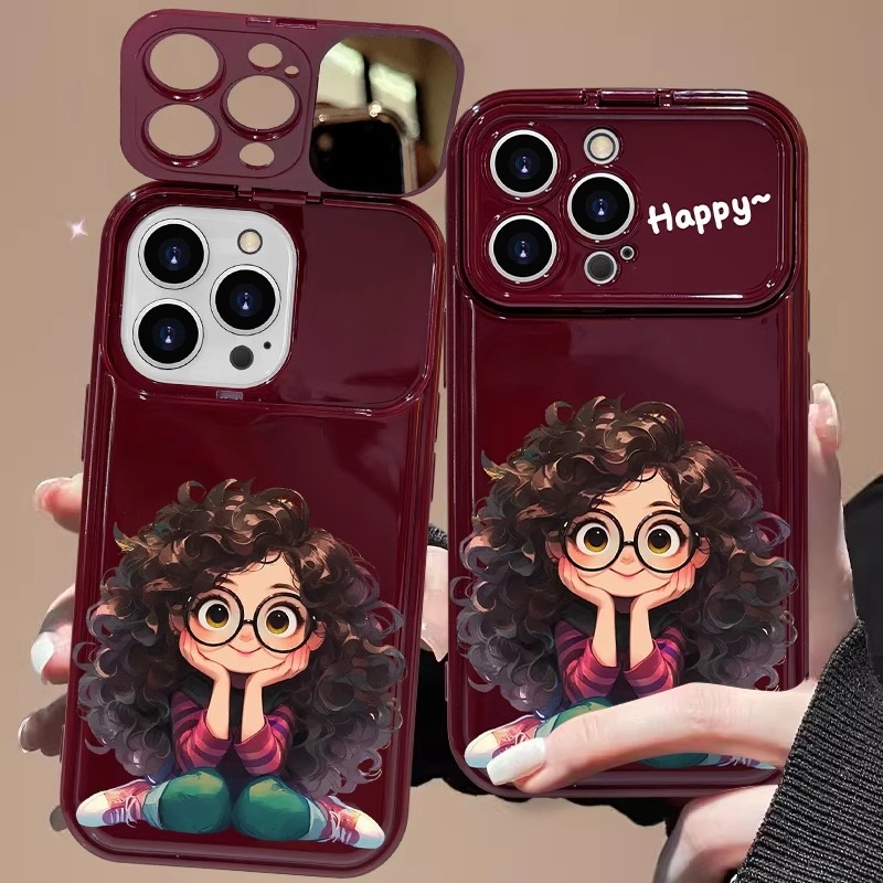 Cute explosion head girl hanging rope for apple 16 large window phone case 15pro red case 14 anti-wrinkle x