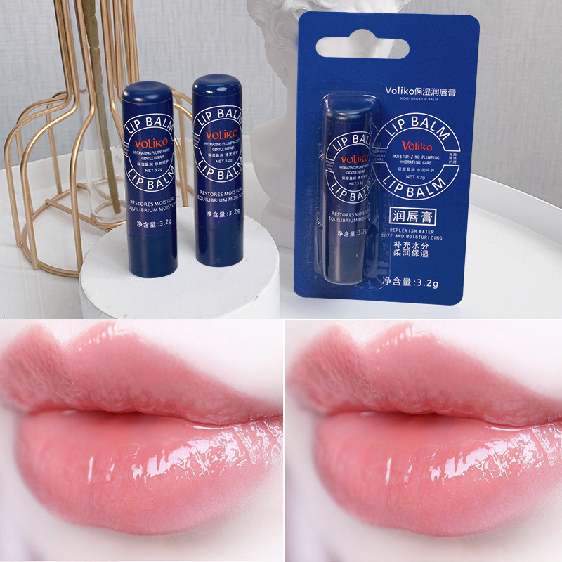 Voliko Little Blue Bottle Canned Lip Balm—moisturizing, hydrating, preventing dryness and chapping, reducing fine lines, leaving lips soft and hydrated.