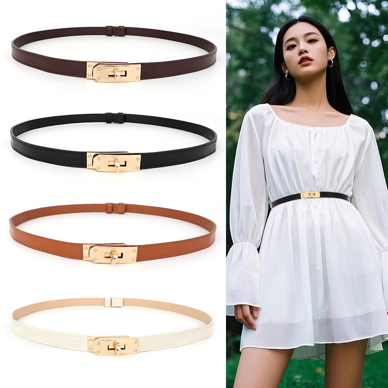 Dress Waist Belt Accessory—Leather Belt for Women, New Style with Locking Clasp, Pull-Adjustable Decoration for Dresses, Suits, and Coats, Waist-Cinching Without Need for Drilling Holes