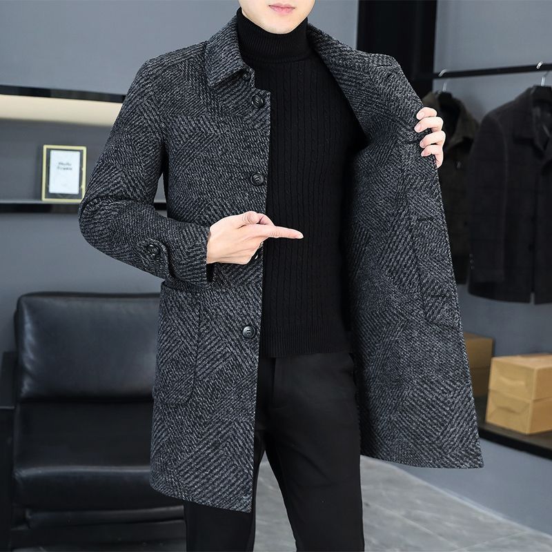 Men's coats with thick double-sided winter coats, men's long-sleeved fashion, single-striped business casual coats, high-end coats