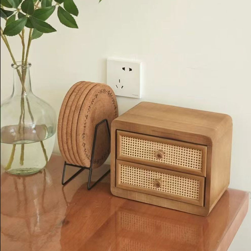 Desktop Wooden Storage Cabinet, Rattan Woven Small Drawer Sundries Storage Box, Office Desk Top Storage Rack, Stationery Box Cabinet