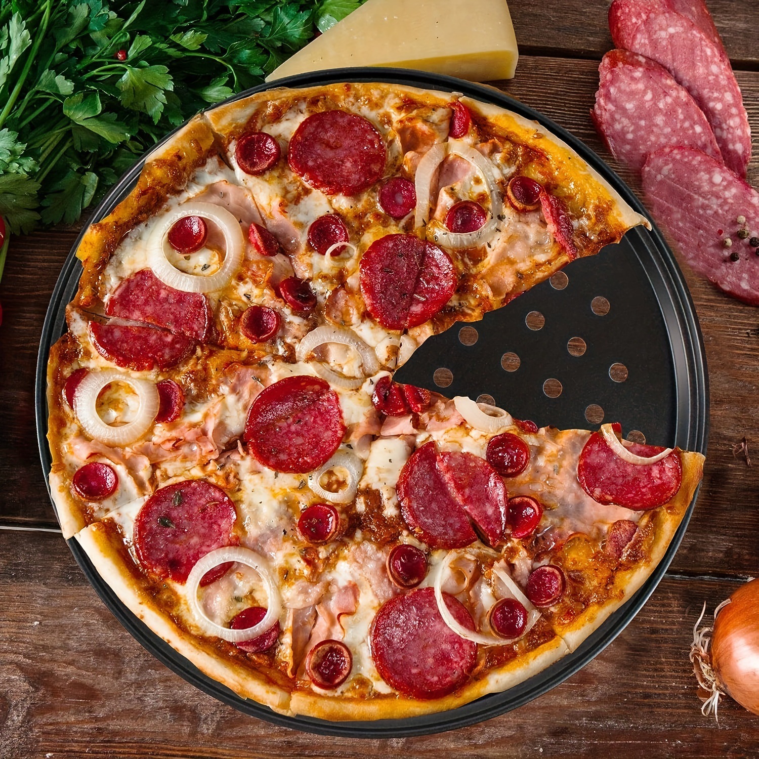 Pizza pan with perforations, non-stick baking tray, perforated pizza mold, meat roasting pan, carbon steel baking mold, round baking tray