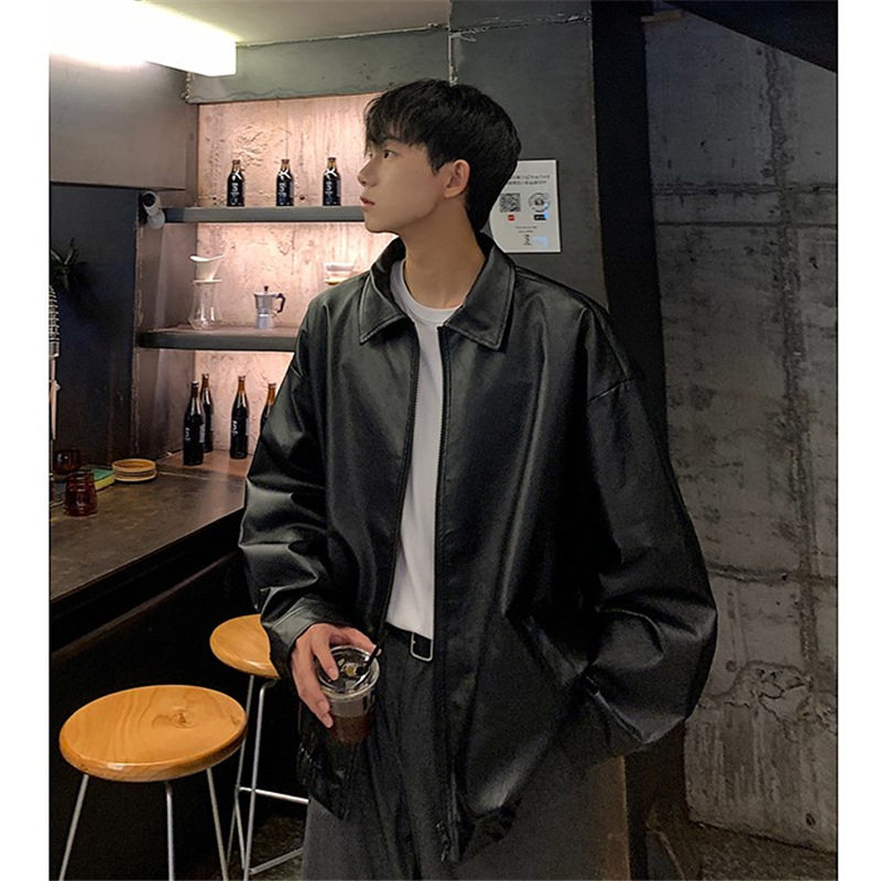 Leather Jacket Coat Men’s Autumn Loose Oversize American-Style Retro Cool High-End Street-Ready Hong Kong-Style PU Leather Jacket