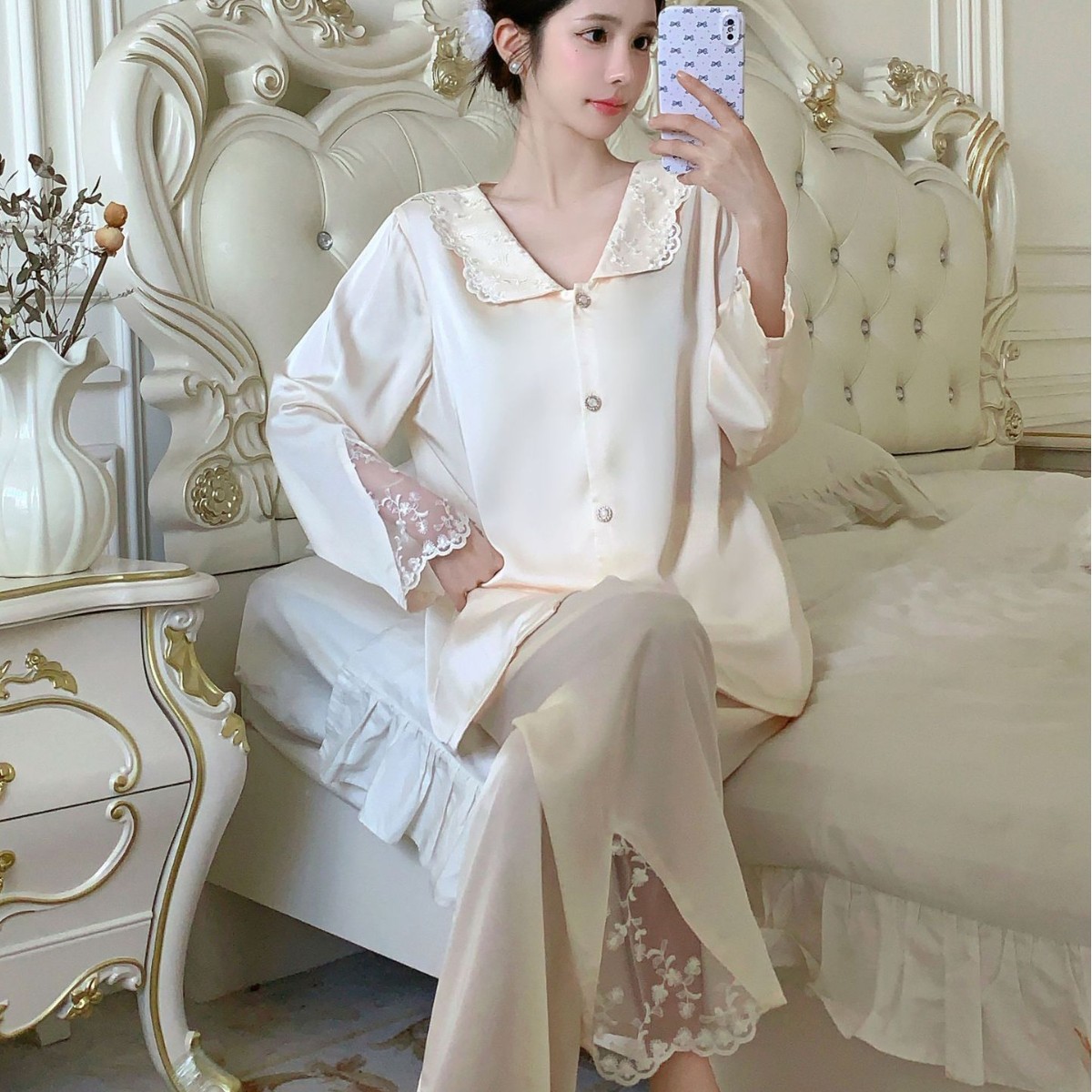 French-Style New Royal-Style Pajamas for Women, Silk Long-Sleeve Spring/Autumn Set, Can Be Worn Outdoors, Girls’ Ice Silk Cardigan Homewear