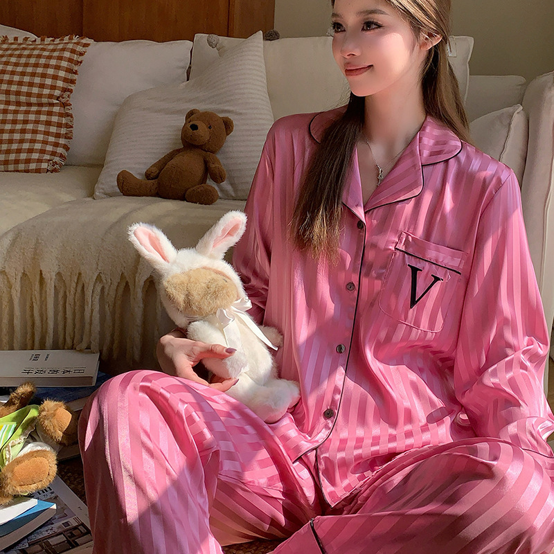 Striped Ice Silk Pajamas for Women, Spring/Autumn Fashionable, High-End Elegant, Sweet Girly Style, Youthful Look, Bestie Matching Loungewear