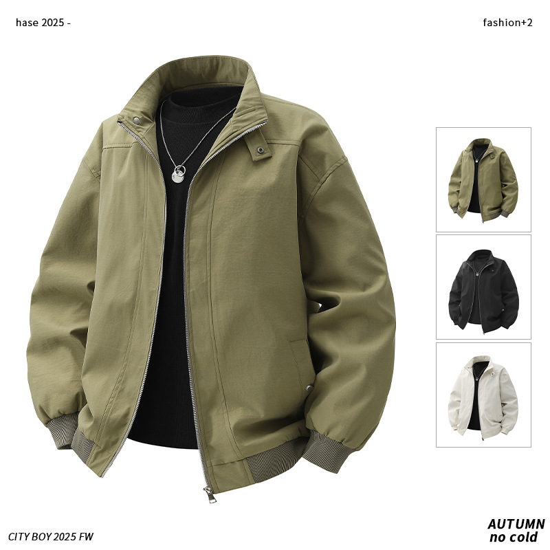 Spring/Autumn New Jacket Men’s Top Loose-Fitting Stand-Collar Trendy Trench Coat Men’s Casual Outerwear Biker Work Jacket
