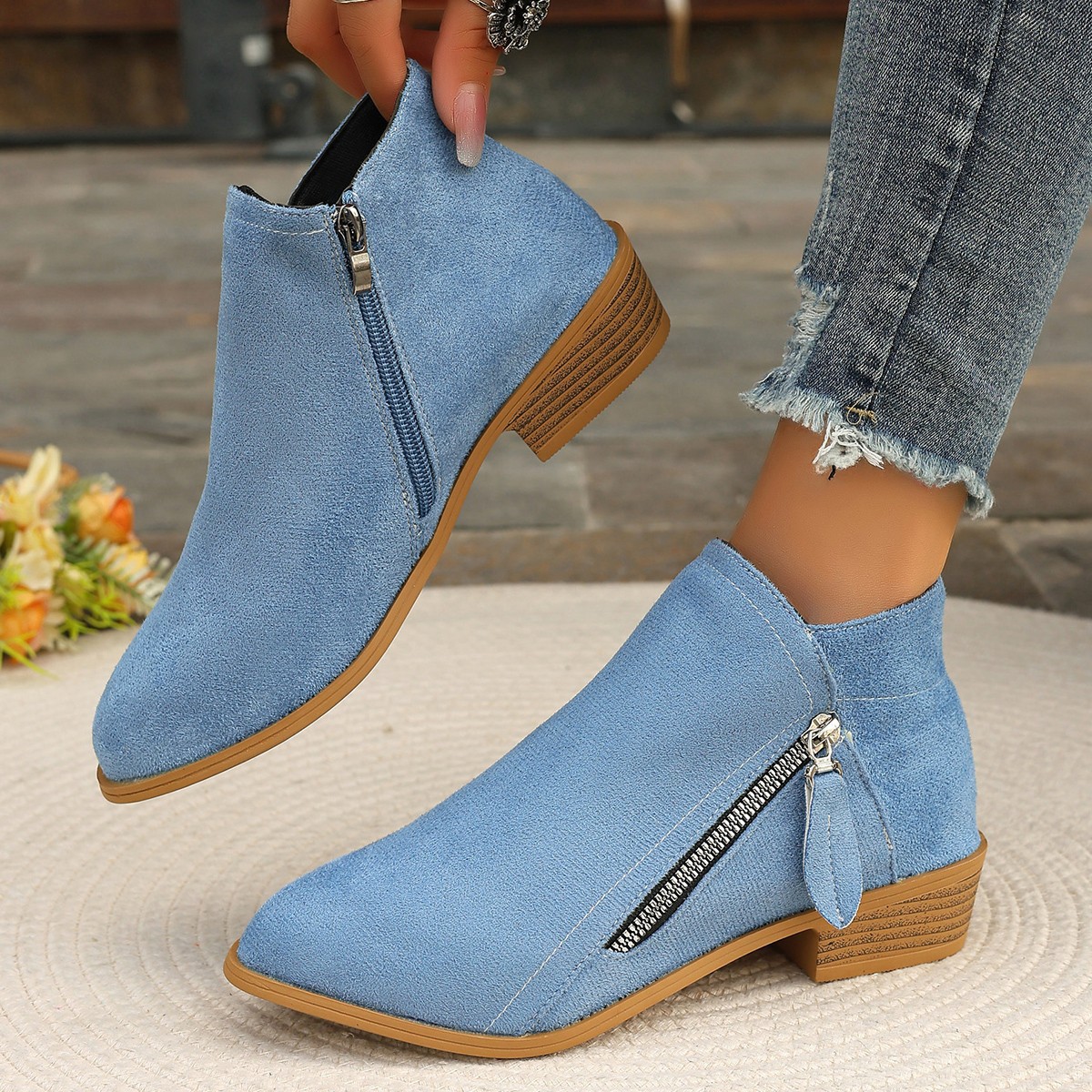 Independent Website Foreign Trade Women’s Shoes 2025 New Chunky-Heel Plus-size Women’s Boots Suede Martin Boots Low-heeled Side-zip Short Boots for Women
