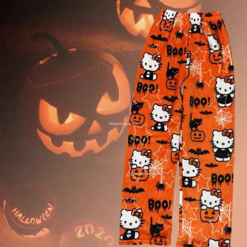 Export Halloween cartoon “meow meow” flannel pajama pants for women—fleece-lined, warm, casual home wear with graffiti patterns for autumn/winter