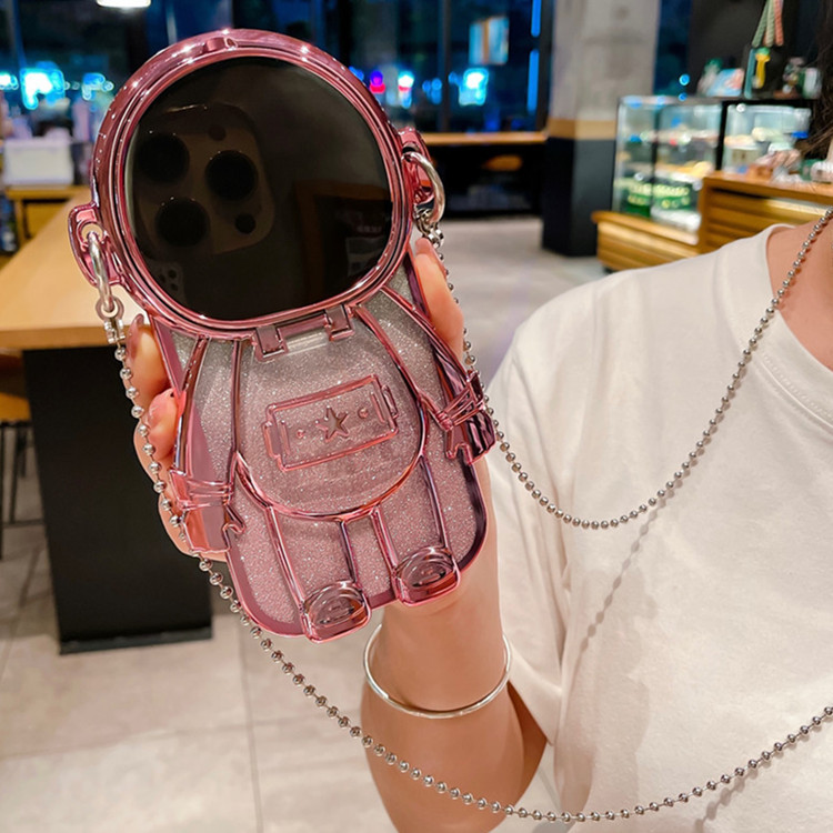Compatible with iPhone 16 electroplated astronaut phone case, Apple 15 gradient glitter crossbody lanyard, and 13 soft protective cover.