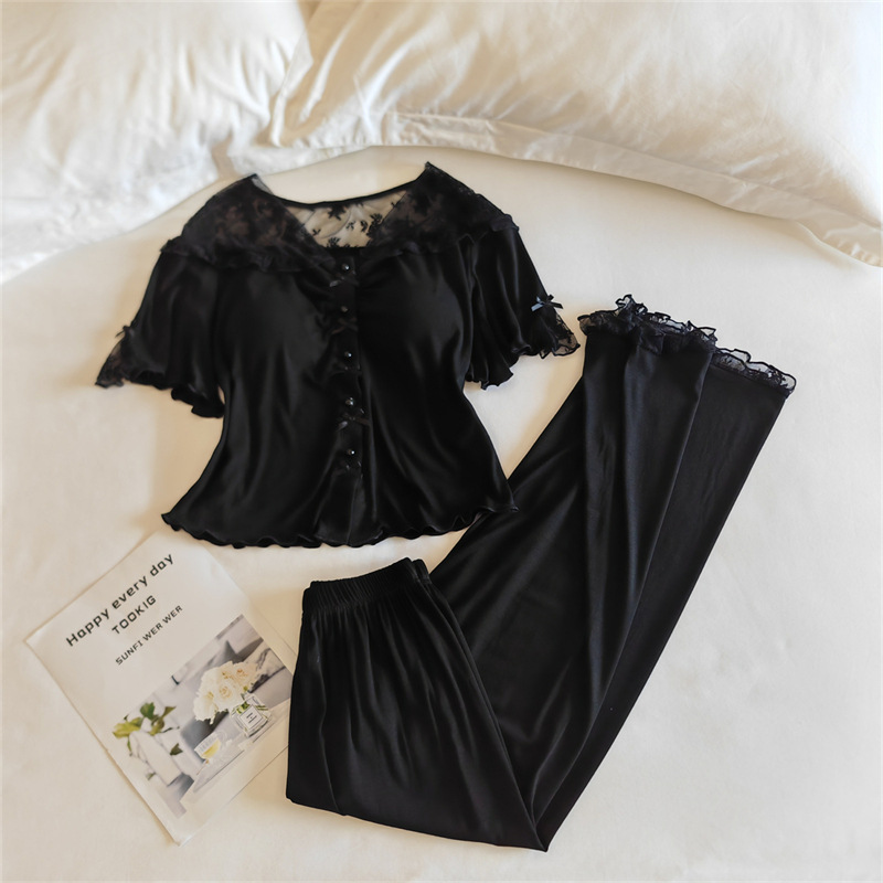 Modal Pajamas for Women, Spring/Summer Short Sleeve Cardigan Two‑Piece Set, Thin Internet Celebrity Style with High‑End Chest Pads, Home Wear