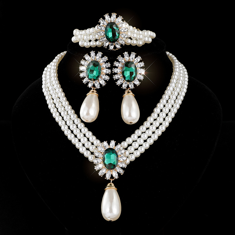 Amazon bestseller water-drop faux pearl necklace and earring set; cross-border bridal rhinestone pearl clavicle chain jewelry for women