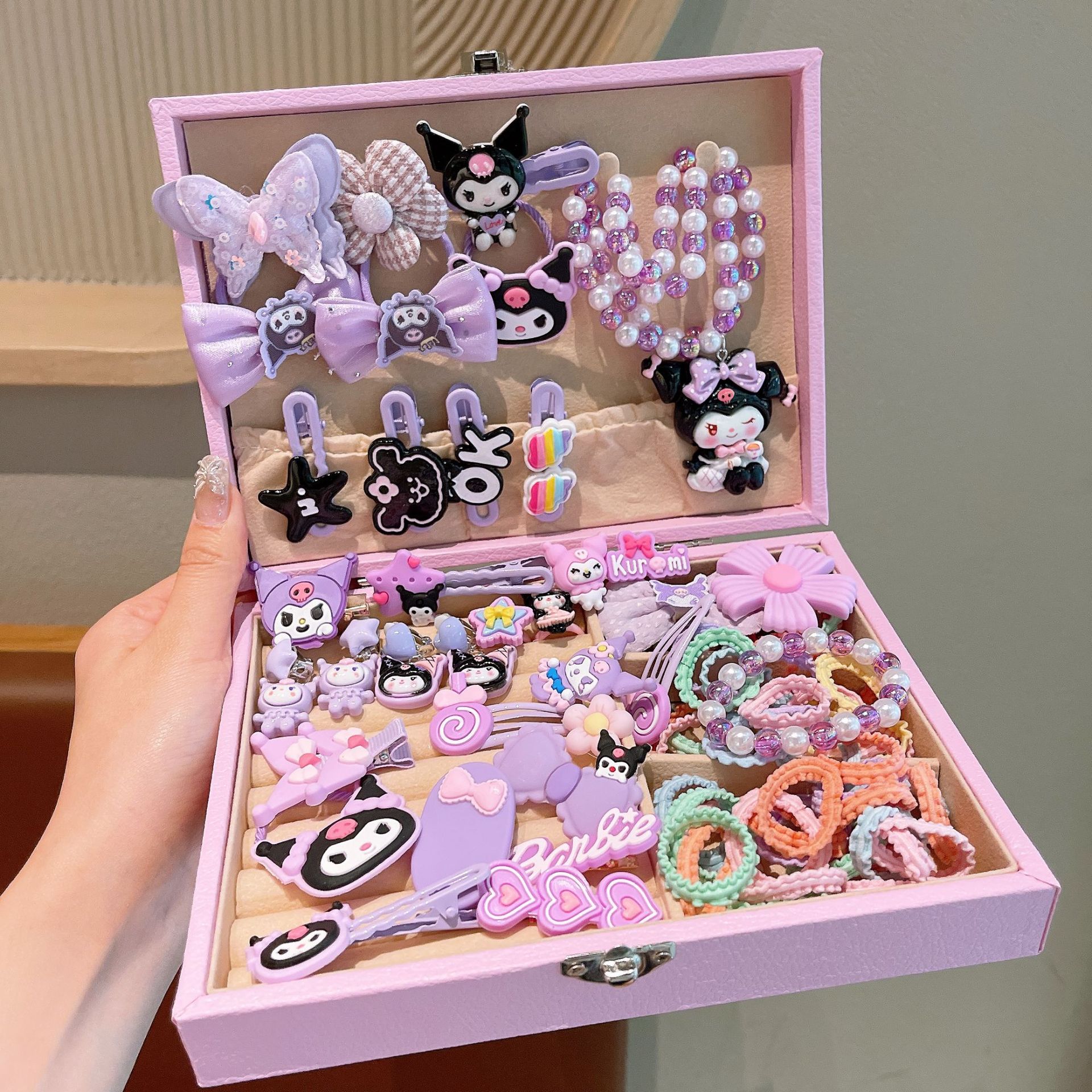 Kuromi Kids Hair Accessories Gift Set, Little Girl’s Birthday Present, Princess‑Style Cartoon Sanrio Hair Clips with Jewelry Box