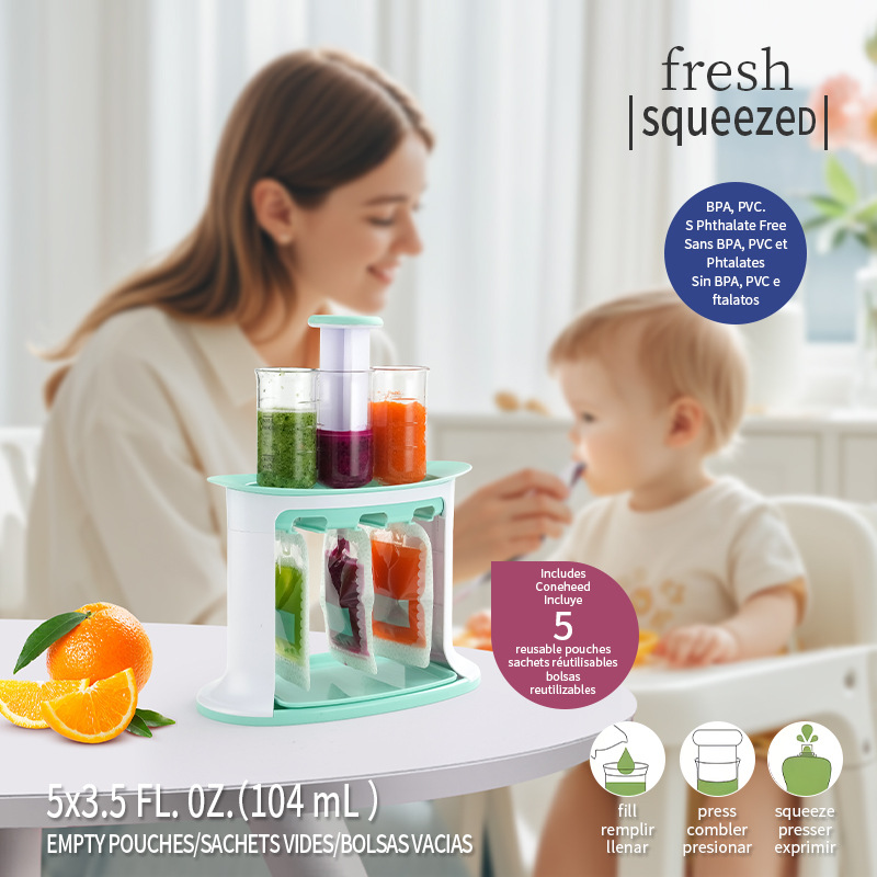 Baby fruit puree squeeze tool, household kitchen portioning device, manual baby food preparation storage bag, complementary food preparation