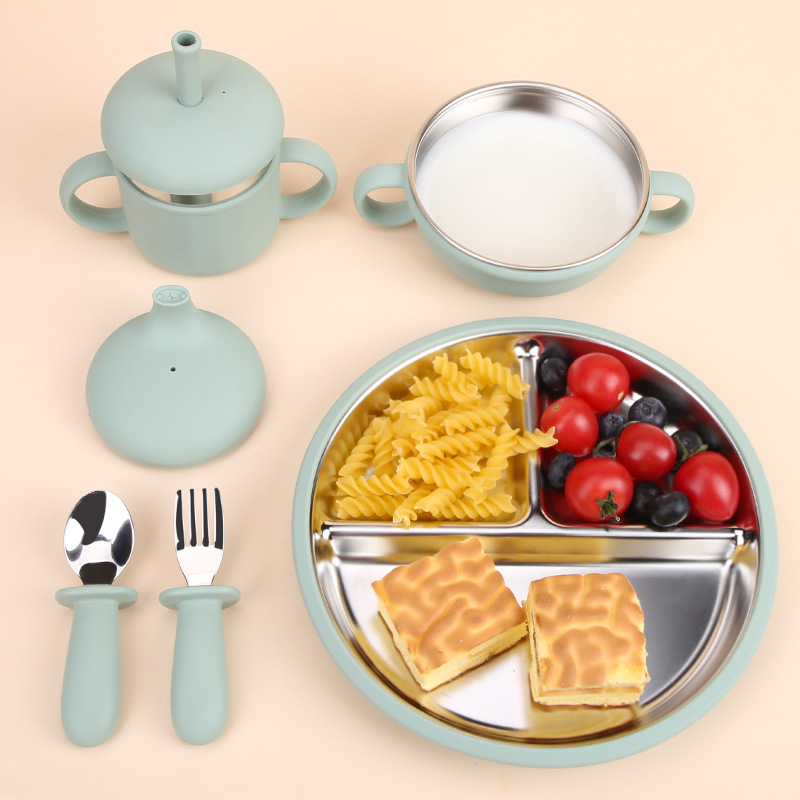 304 Stainless Steel Children’s Silicone Weaning Bowl, Baby Drinking Training Bowl, High-Temperature-Resistant Drop-Proof Bowl Set for Infants, Tableware
