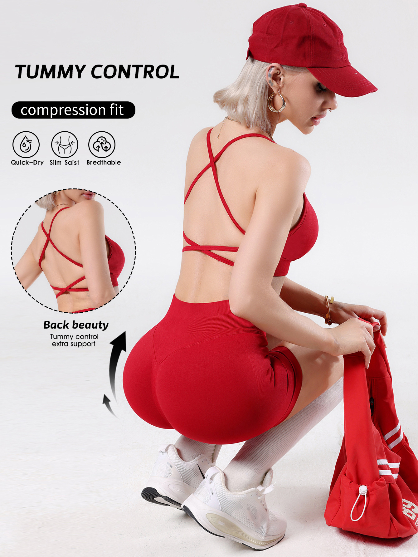 dfyne sports jacket set women's cross-strap bra and belly bag shorts summer fitness jacket set