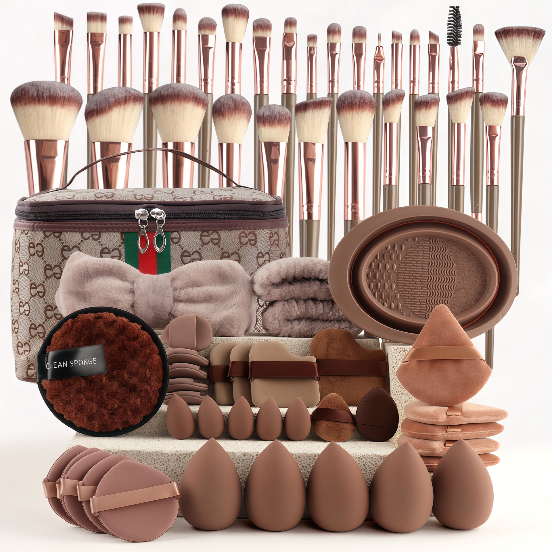 67-piece coffee-colored cross-border new arrival—30 makeup brushes and powder puffs, large beauty tool combo, drop-shipping available.